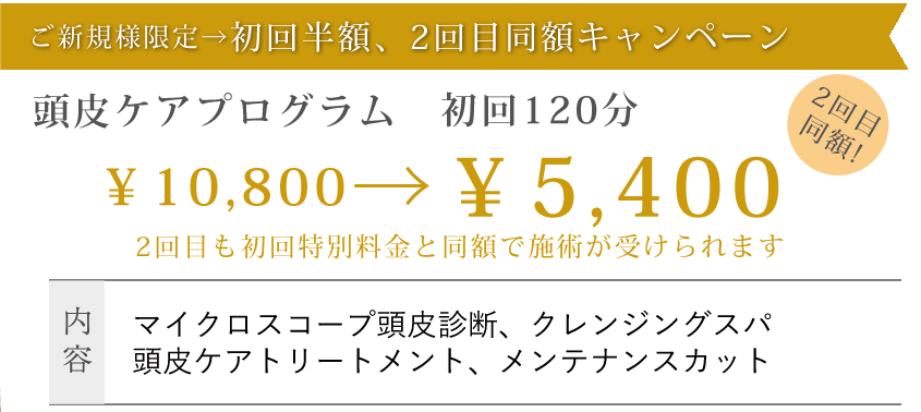 新規様限定→2回目以降無料キャンペーン カットエステコース初回90分 ¥10,800→2回目無料